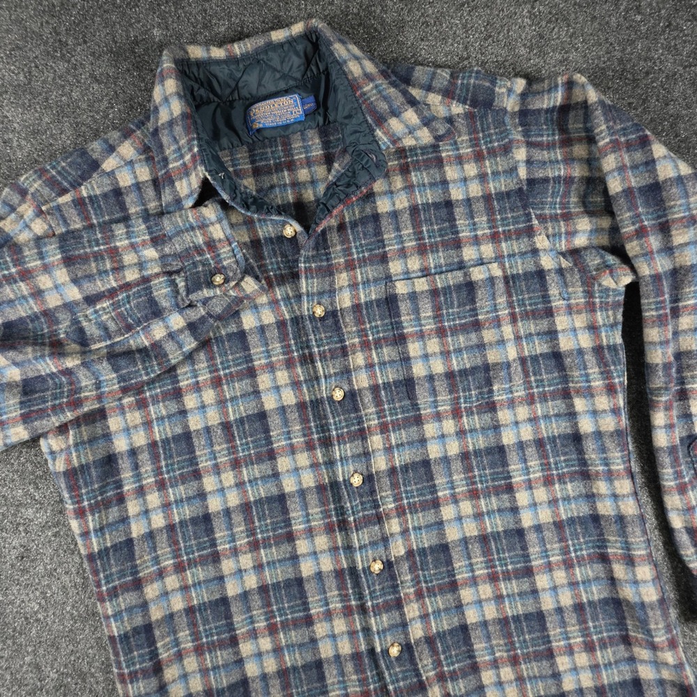 VTG Pendleton Wool Flannel Shirt Mens L Long Blue Plaid USA Made Button Up